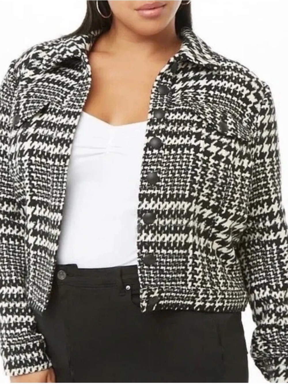 Forever 21 Womens S Black White Houndstooth Cropped Wool Blend Jacket NWT